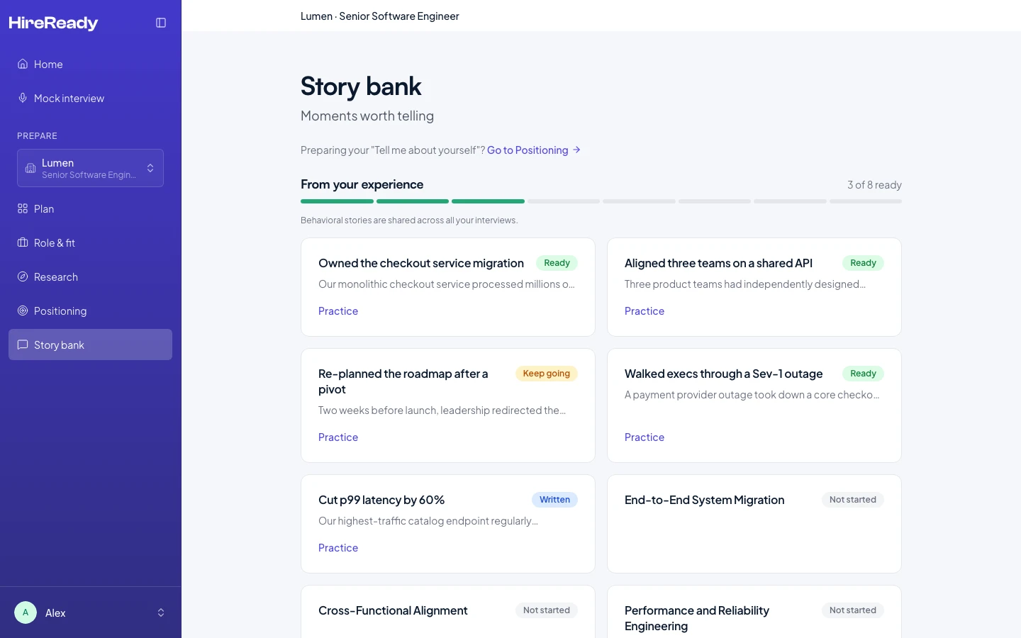 Orava story bank — behavioral stories organized by competency