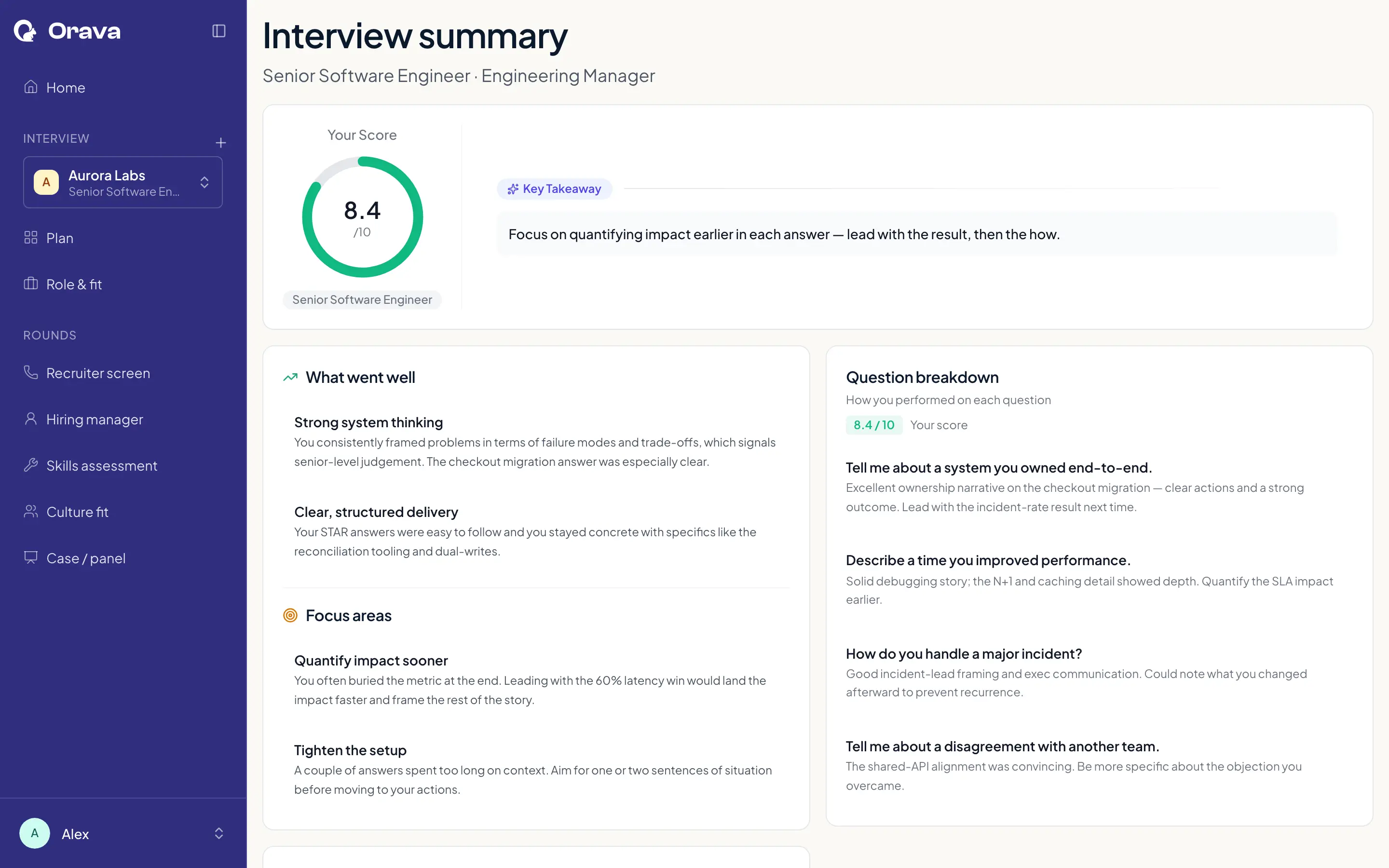 The same interview summary on Pro: every strength, every focus area, and feedback on each question