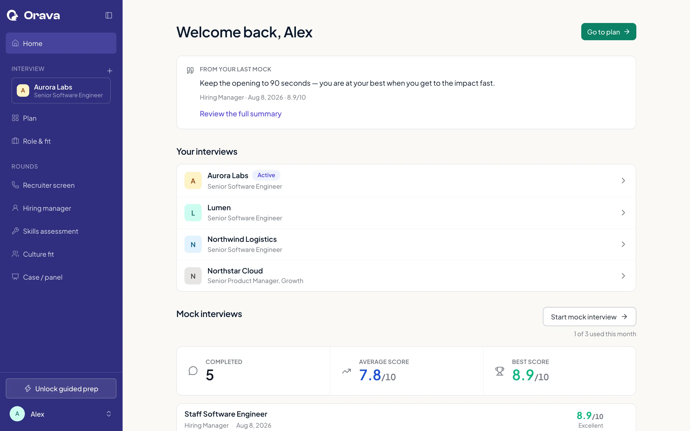 Orava home screen on the Free plan: the tip and score from the last mock, your interviews, and mock interview stats